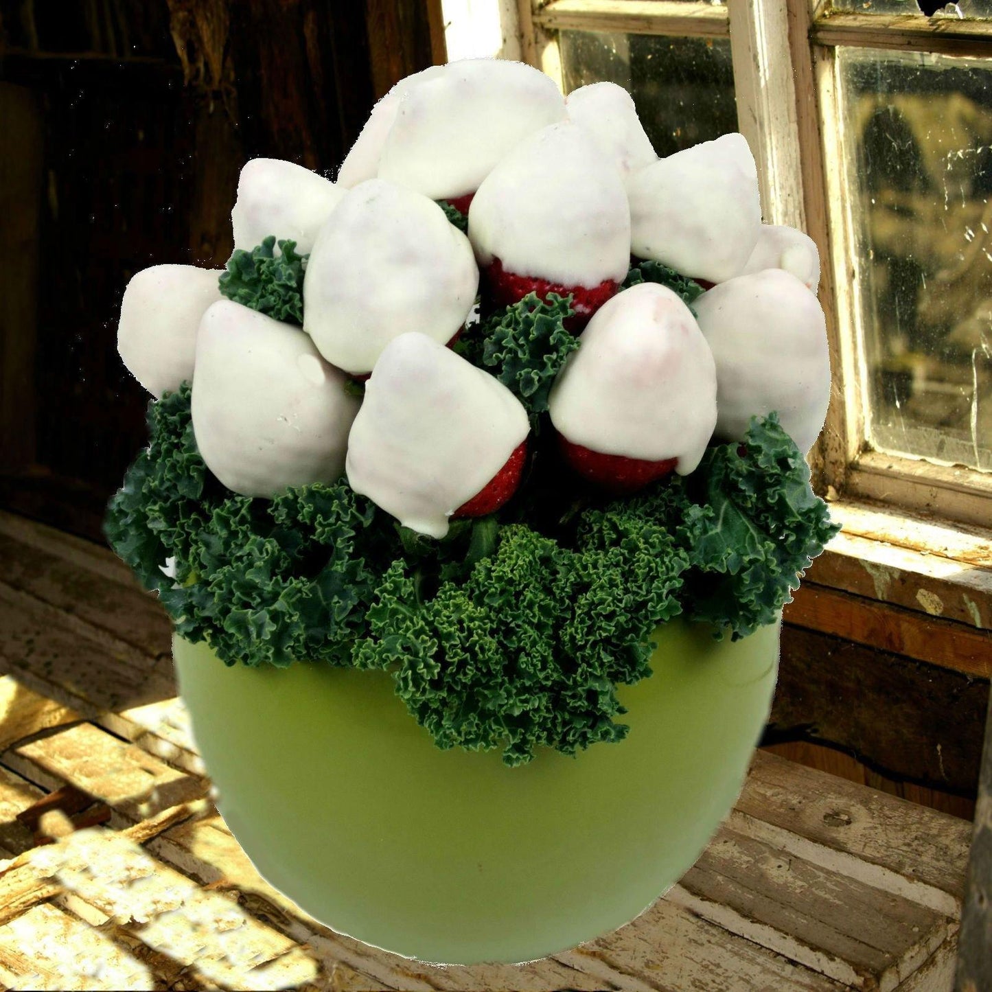 Chocolate Dipped Strawberries in Green Pot