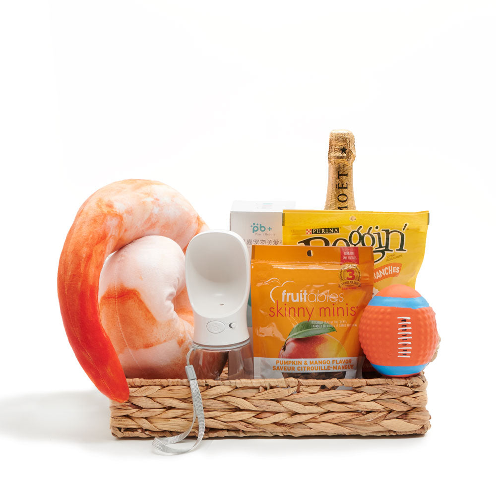 New Dog Treats & Toys Gift Basket with Champagne, dog gift baskets, dog gifts, gifts, pet toys, chew toys, dog treats, champagne gift baskets