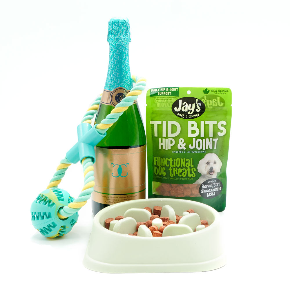 The “Bite Me” Treats & Champagne Gift Set, champagne gift baskets, gourmet gifts, gifts, dog gift baskets