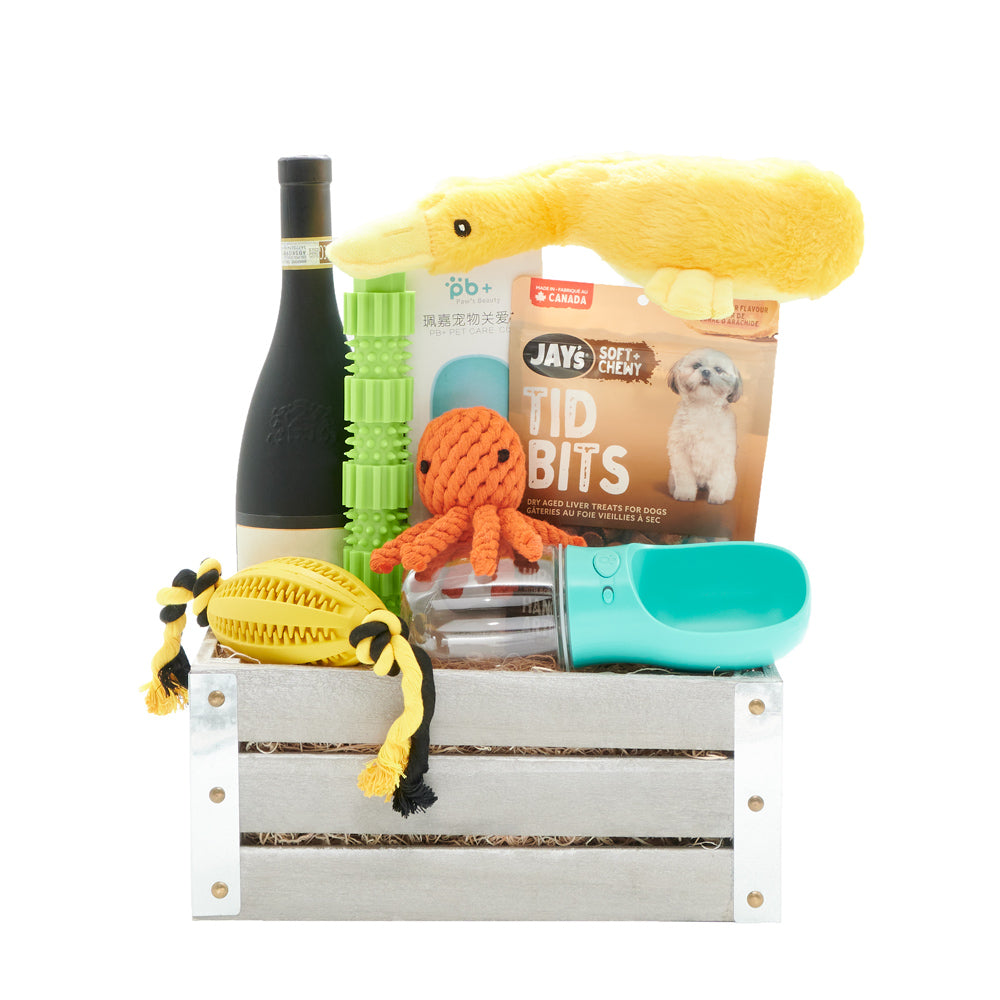 Woof! For a Good Time Dog Gift Basket, dog gift baskets, gourmet gifts, gifts, dog toy, dog treat