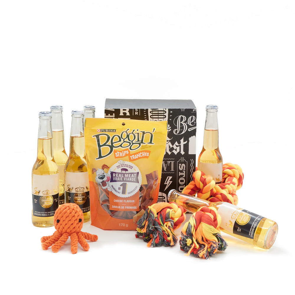 Quittin’ Time Dog & Owner Gift Basket with Beer, beer gift baskets, dog gift baskets, gifts, chew toys, treats, dog toys, beers